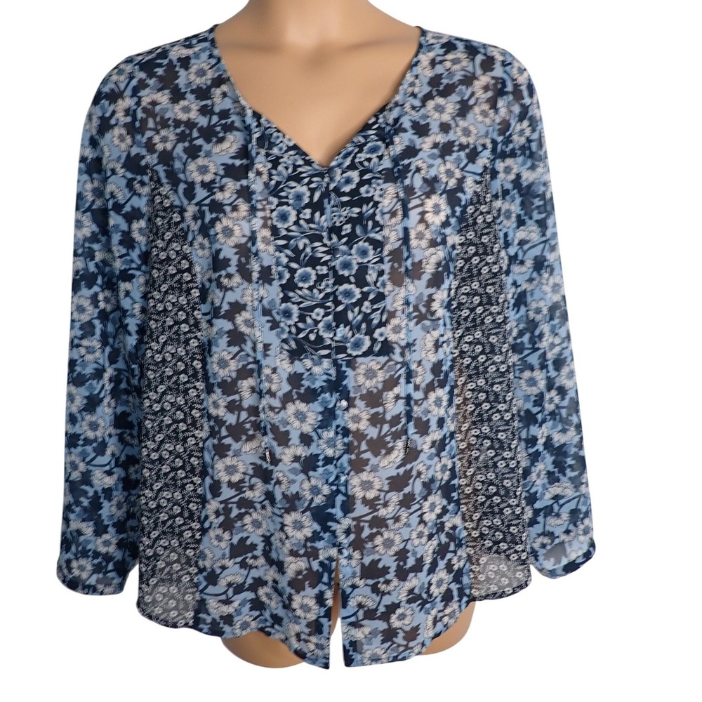 J. Jill Women's Blue Floral Mixed Print Sheer Chiffon V-Neck Blouse Size M Boho